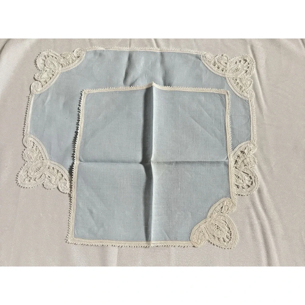 Vintage Blue Linen Placemats 16x11 Napkins 11x11 Set 23pc Lace Trim Estate